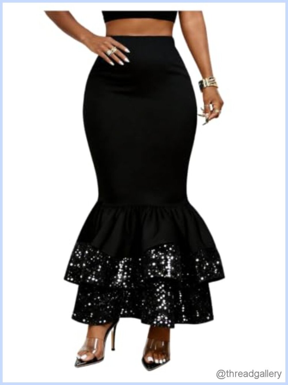 Sequin Tiered Ruffle Fishtail Skirt High Waisted Bodycon Maxi Party